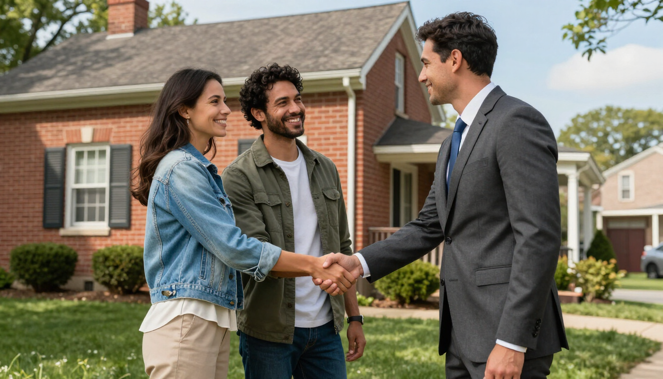 photorealistic happy homeowners shaking hands with real estate agent in front of brick st louis house