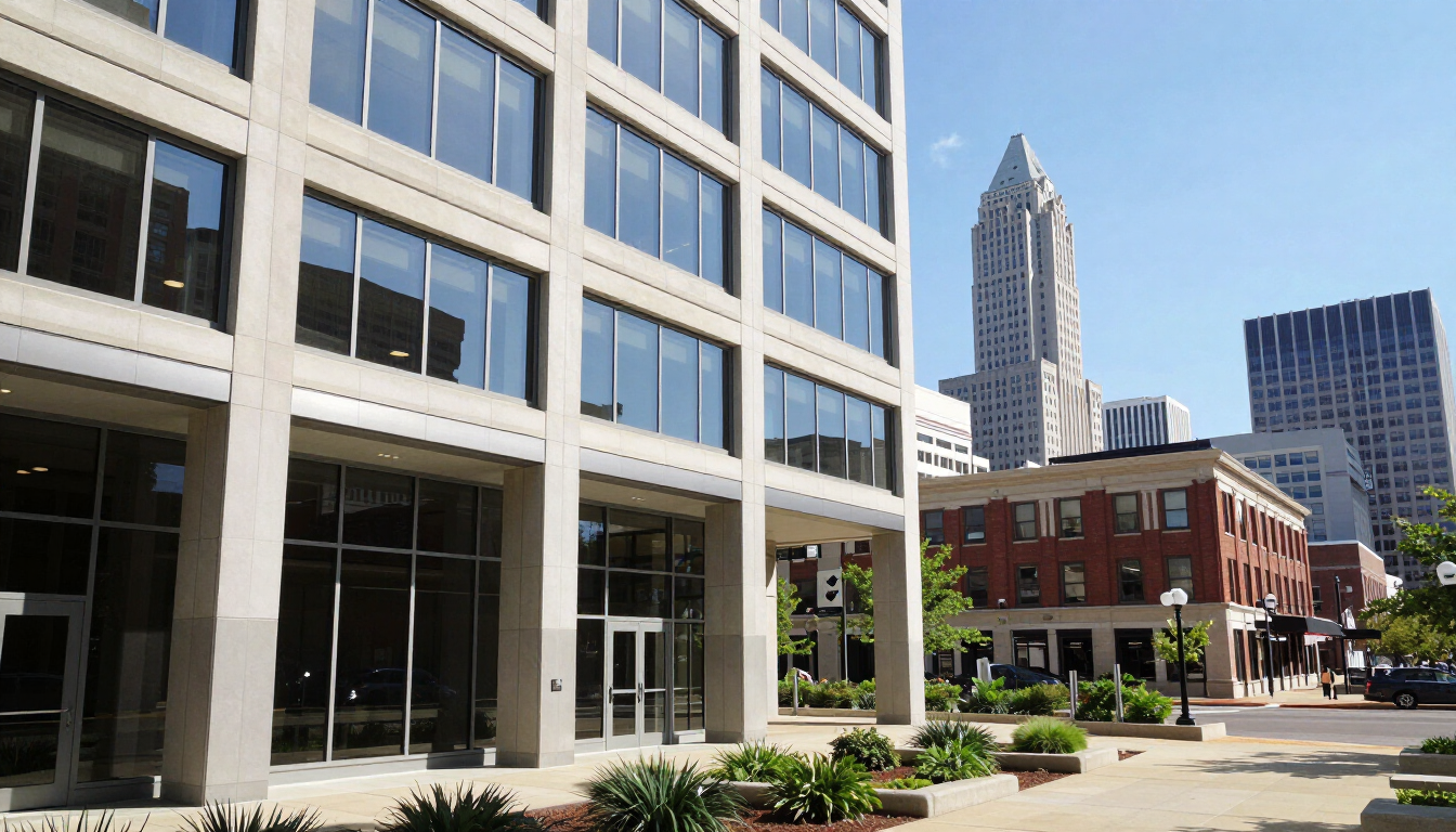 Modern commercial building in St. Louis showing architectural detail.