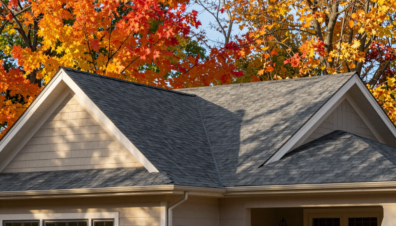 A professional view of a well-maintained residential roof during the autumn season.