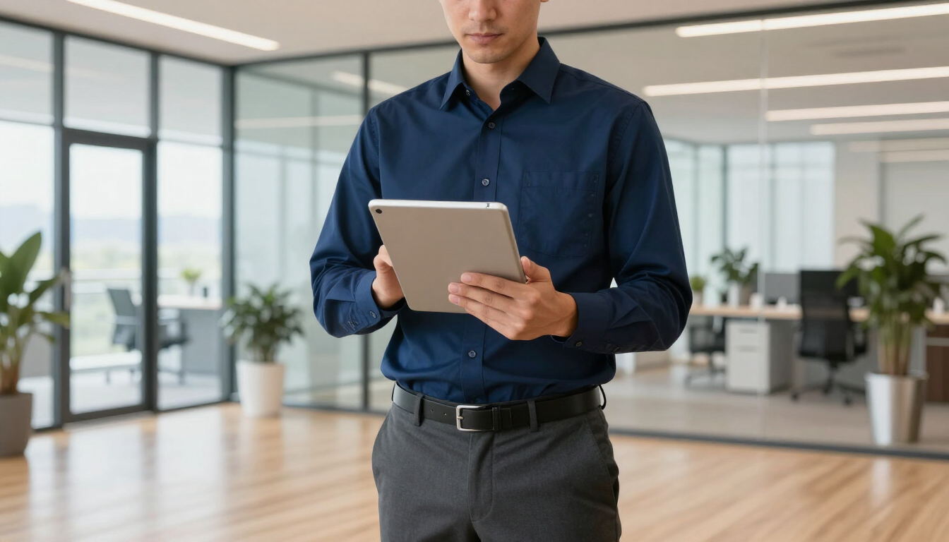 Facility manager reviewing a commercial restoration plan on a tablet.