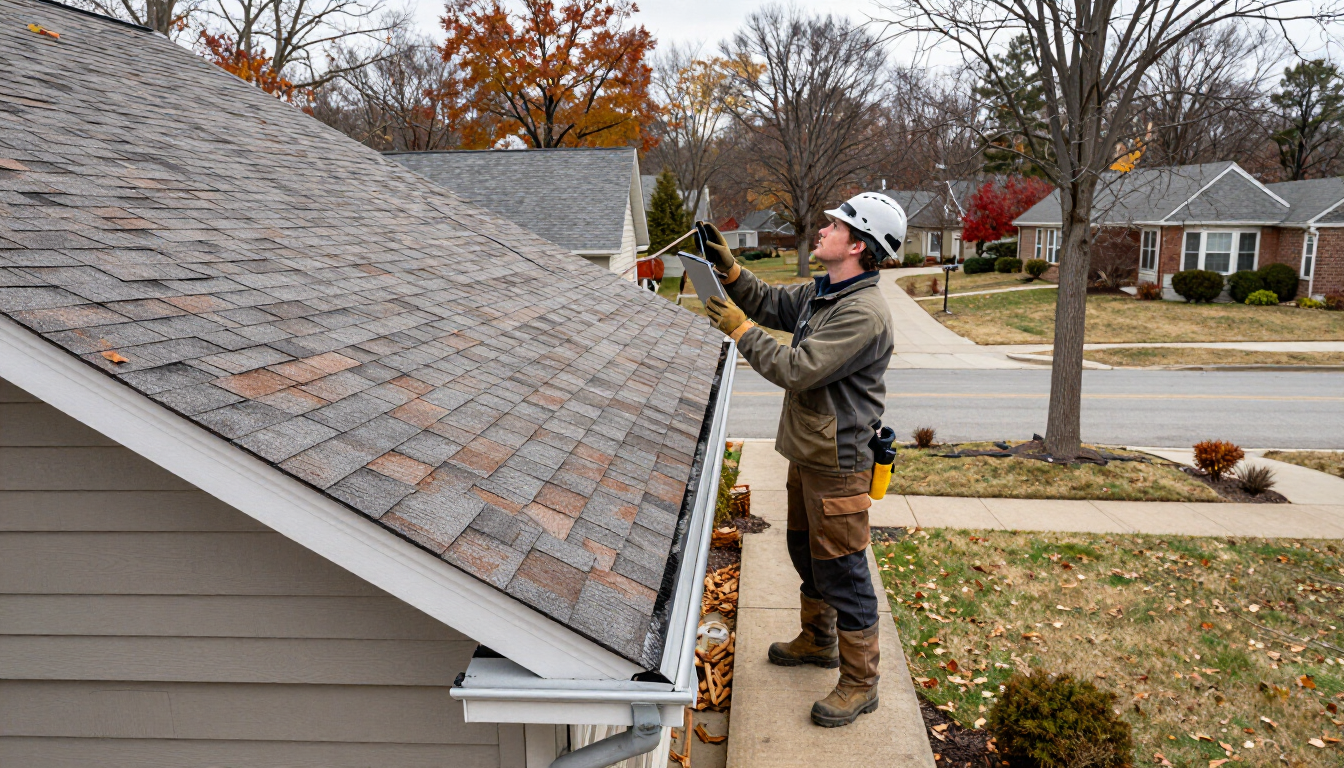 Professional roof inspection from ground level before winter