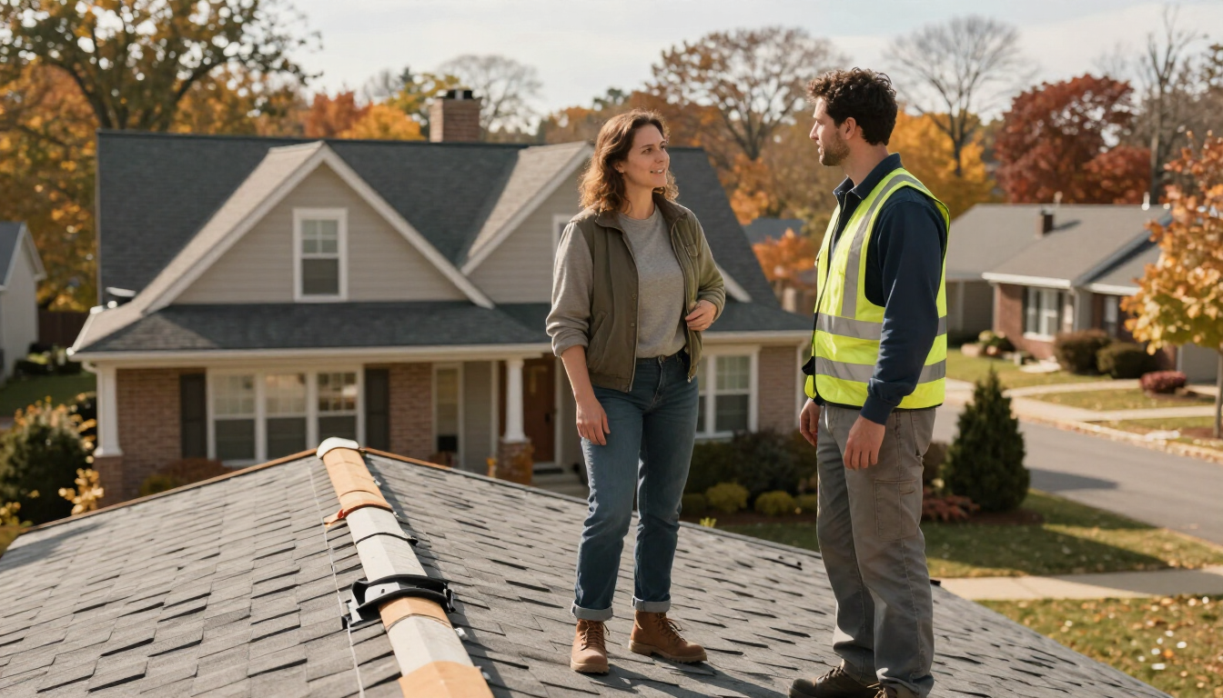 Homeowner reviewing a fall roof inspection with a roofing professional