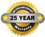 Gold and black 25-year workmanship warranty badge with stars and circular seal
