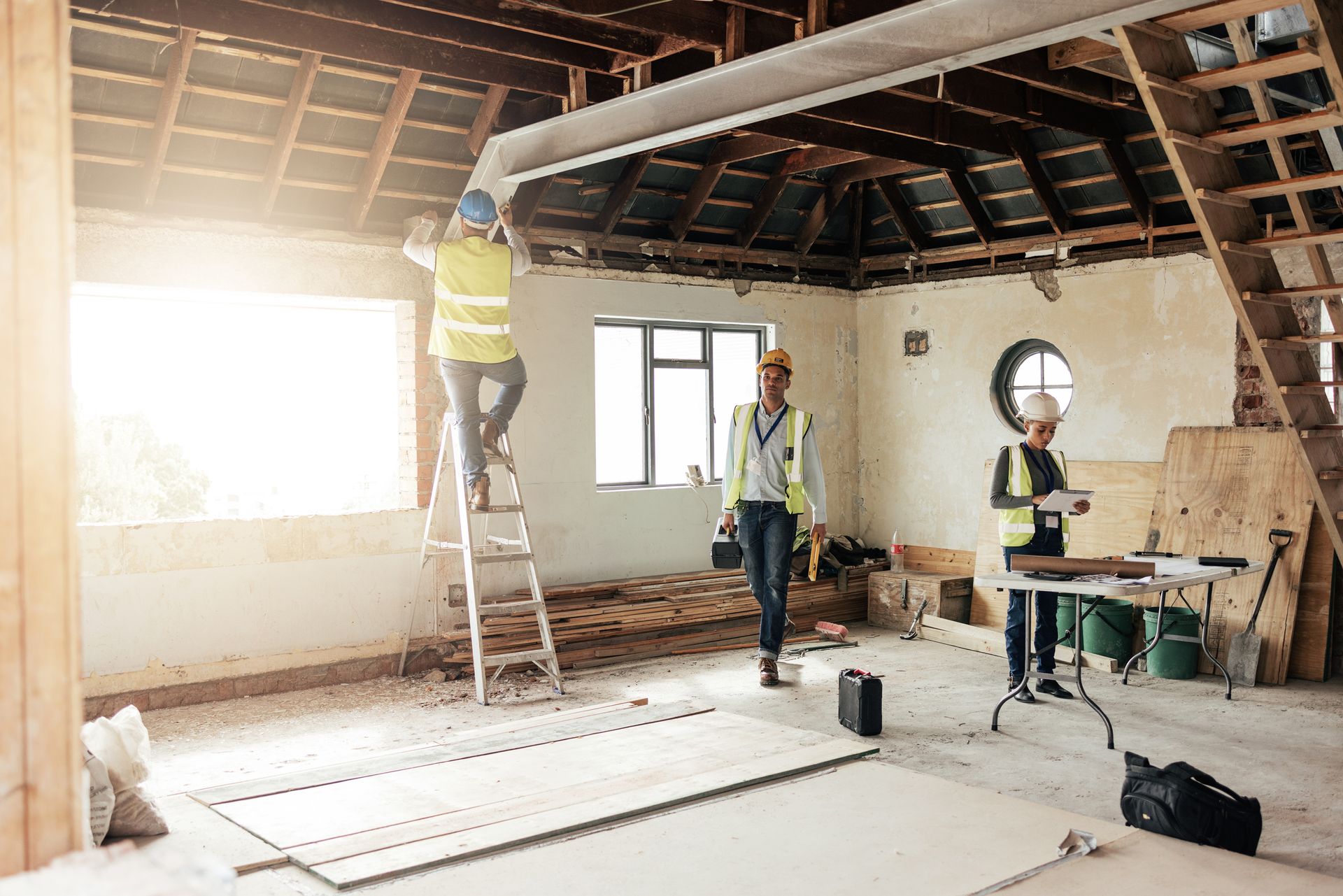 Workers renovating a room with exposed beams, ladders, and construction tools under bright window light.