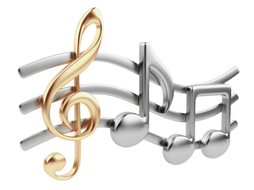 Gold and silver musical notes on a curved staff background