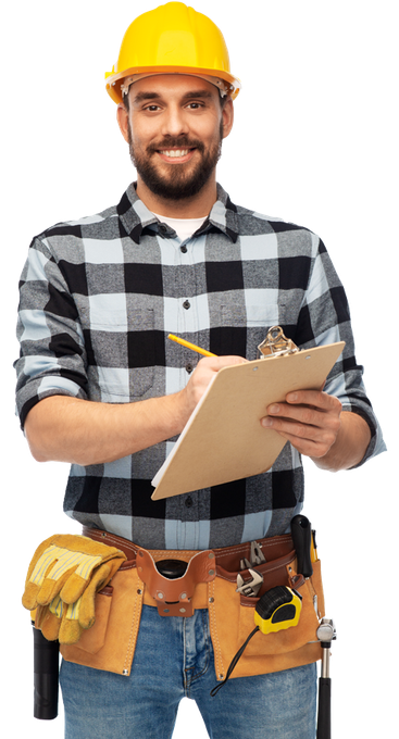 a man wearing a hard hat is holding a clipboard and writing on it