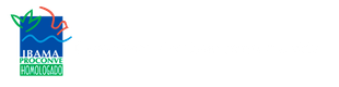 Logotipo com formas abstratas em azul, verde e laranja e texto branco pequeno sobre fundo preto.