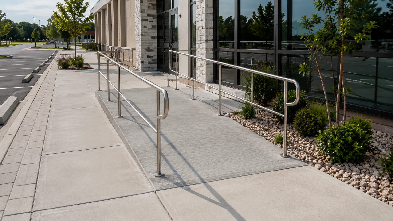 Concrete ramp with metal handrails beside a modern building and sidewalk
