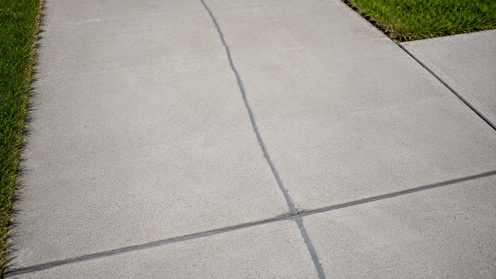 Cracked concrete sidewalk with a dark seam line and grassy edges