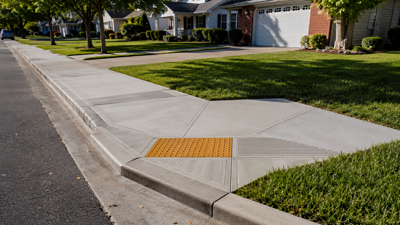 Corner sidewalk curb ramp with yellow tactile paving at a residential street intersection