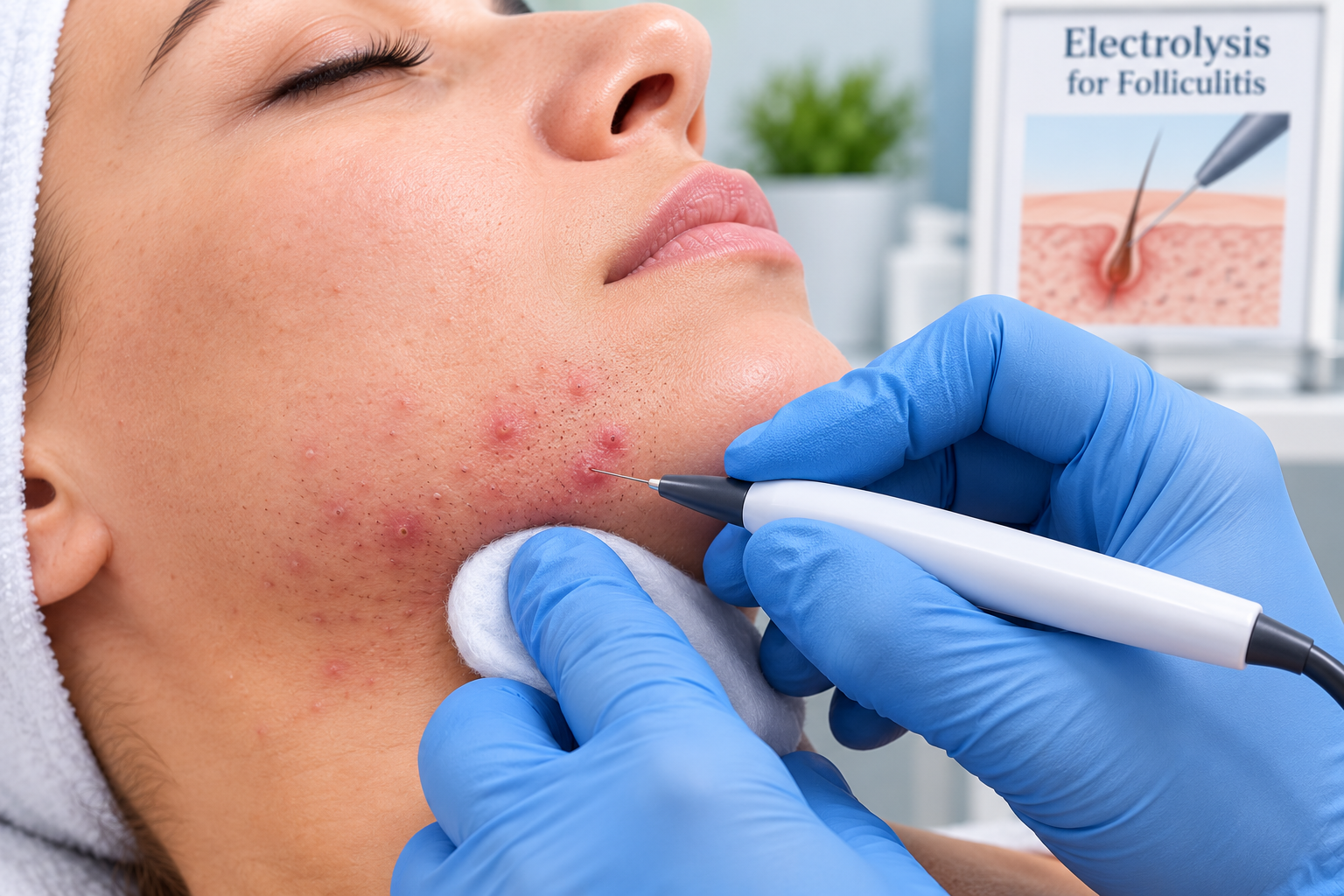 Cosmetologist treating a man's beard area with a handheld device in a bright clinic