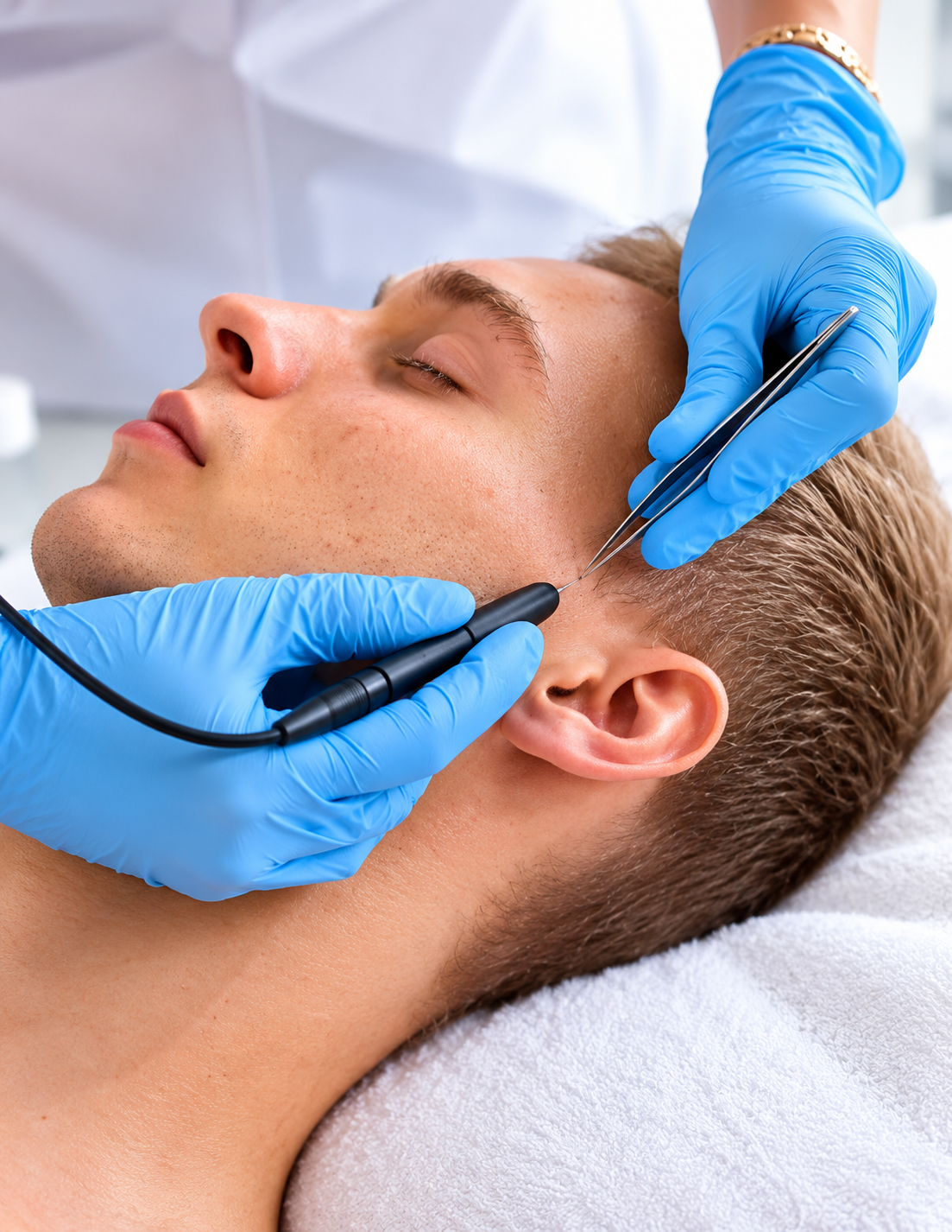 Gloved practitioner using a handheld device on a patient's face during a cosmetic treatment