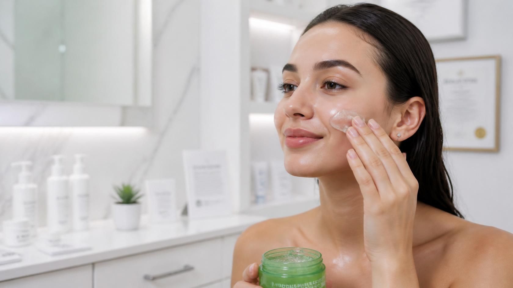 Woman applying green facial cream in a bright bathroom with skincare products on the counter