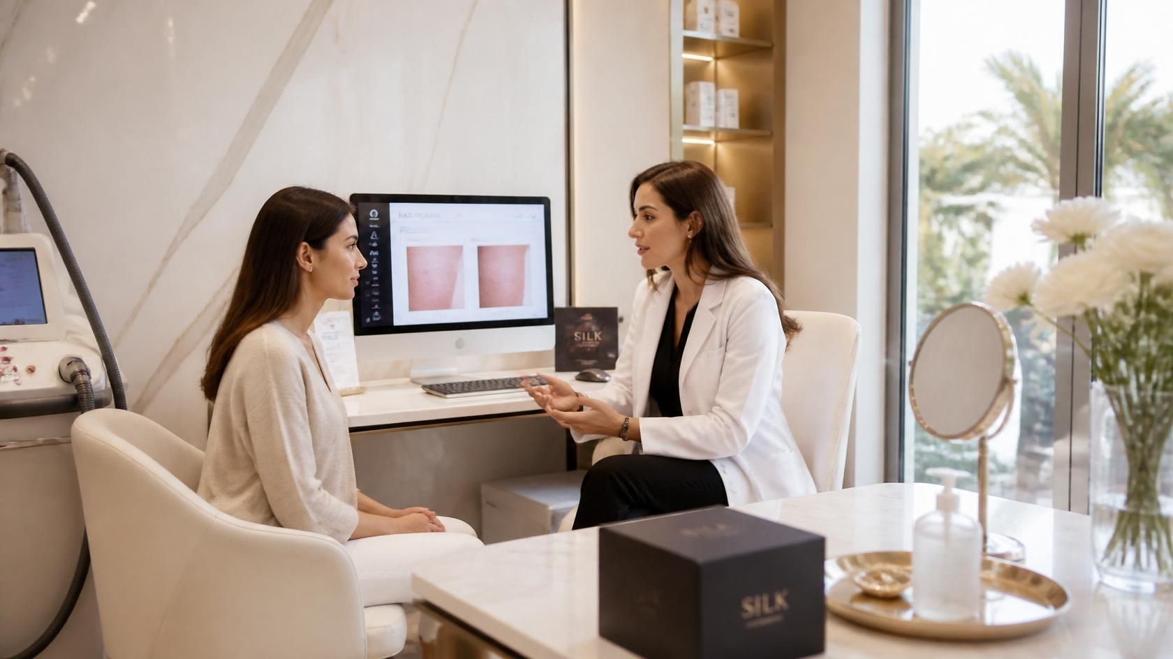Two people consulting in a bright spa office, with a monitor showing facial skin close-ups.