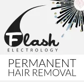 Flash Electrology logo with black and gold burst design and text “Permanent Hair Removal”