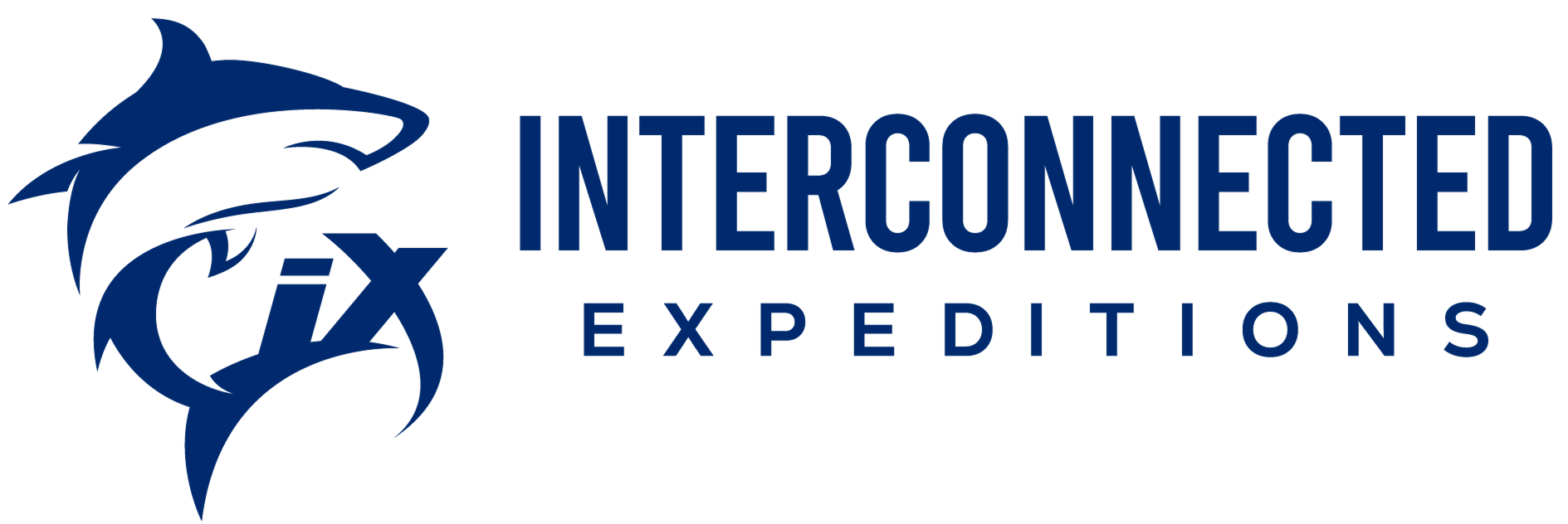 Blue dolphin logo with the text “Interconnected Expeditions” in navy and black on a white background