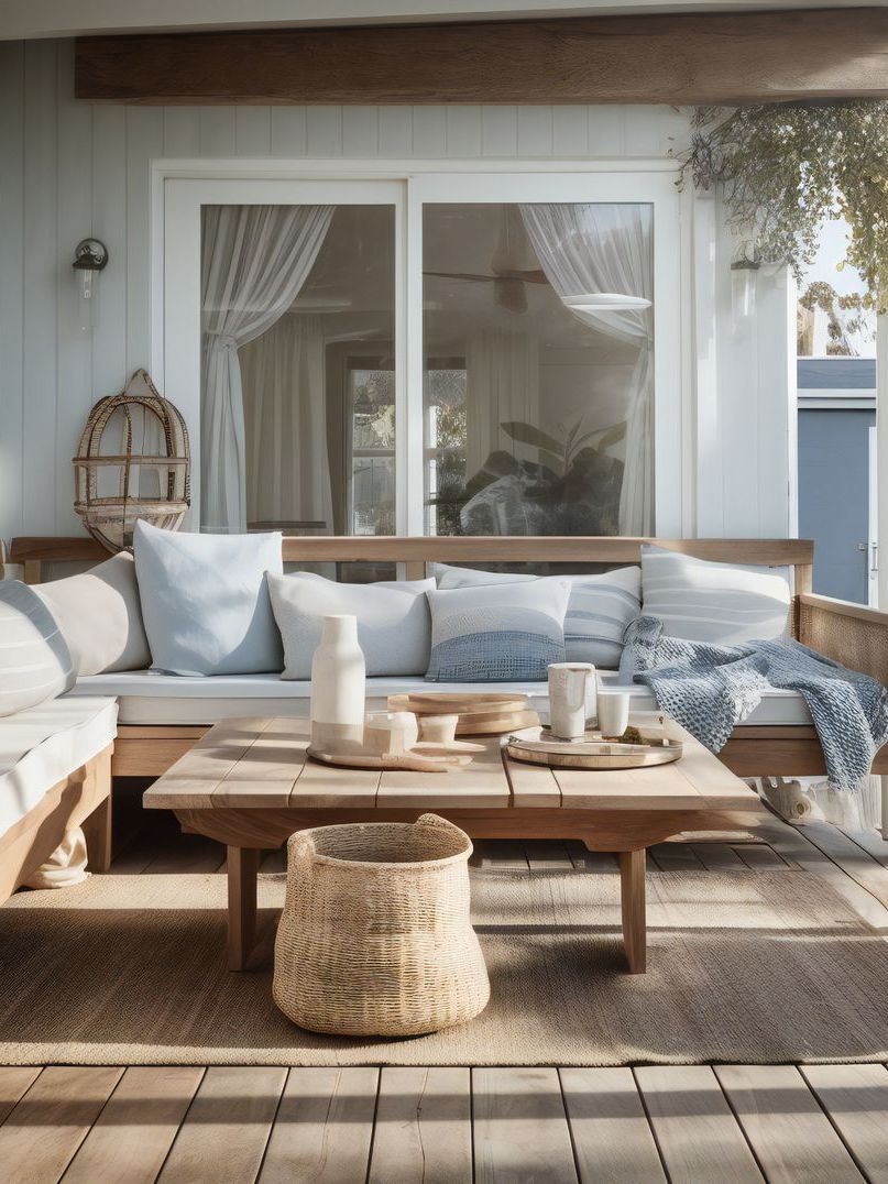 A patio with a couch , coffee table , and baskets.