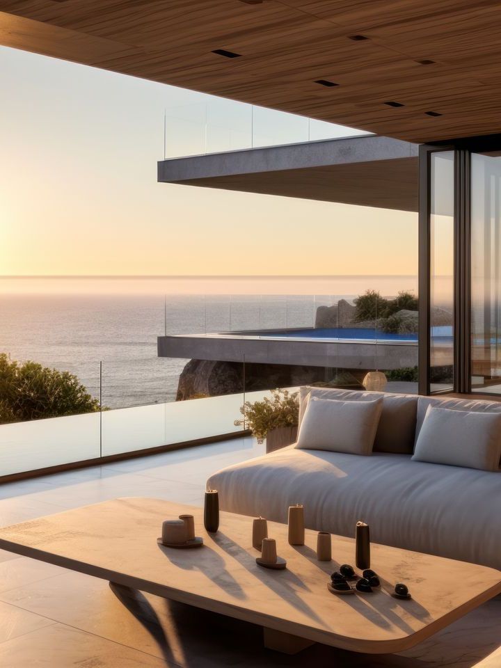 A living room with a couch and a table overlooking the ocean