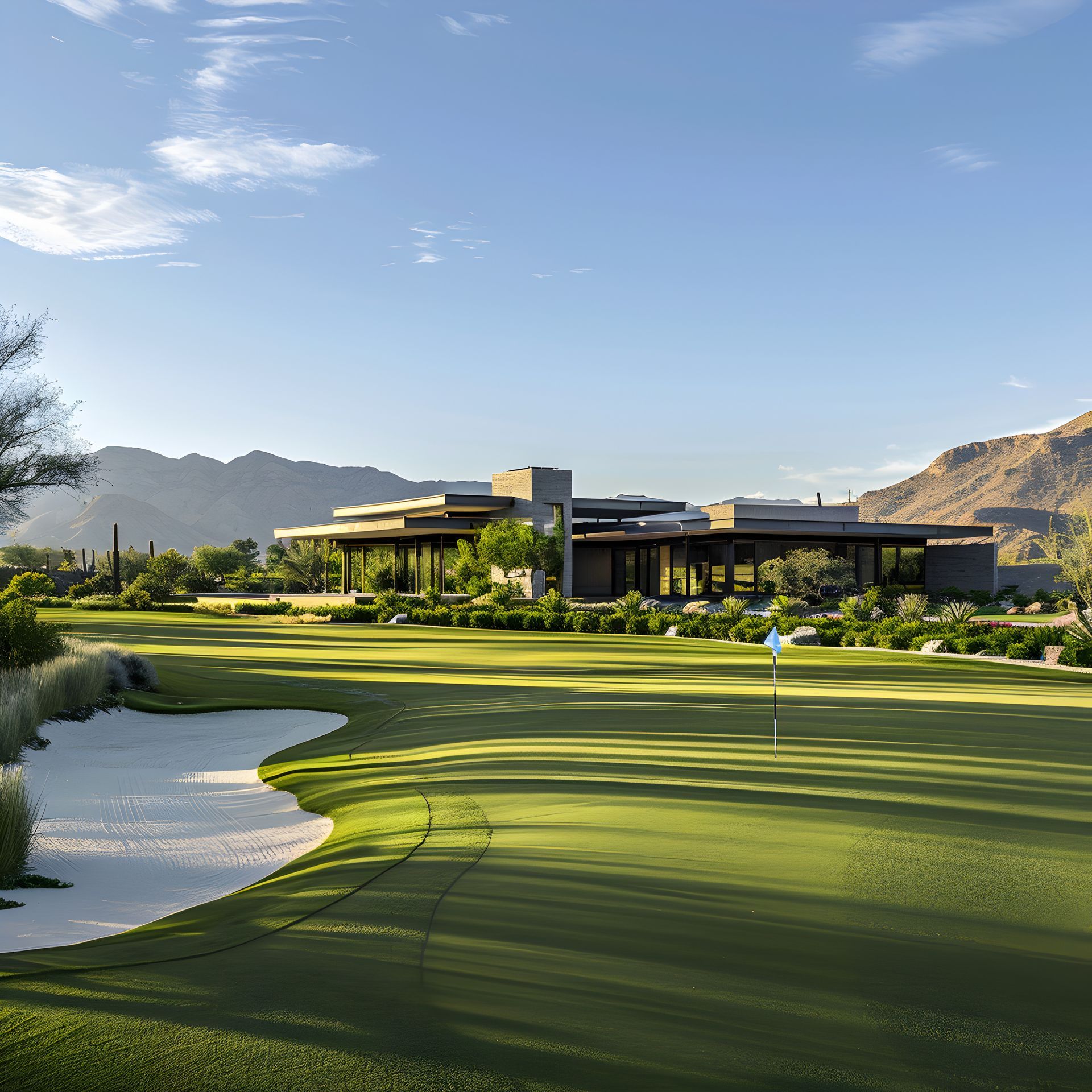 A golf course with a house in the background and mountains in the background.