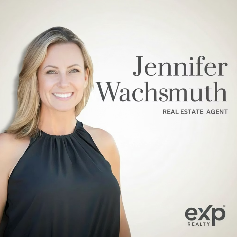 Jennifer Wachsmuth, real estate agent, smiling beside eXp Realty logo on a light background