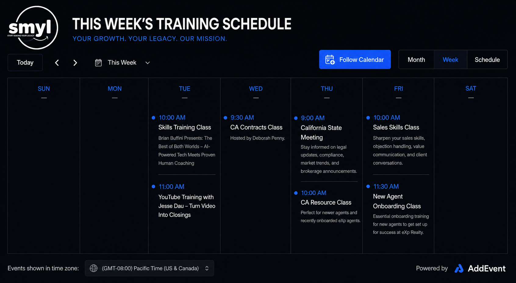 Dark blue weekly training schedule board with multiple workout entries and a logo header