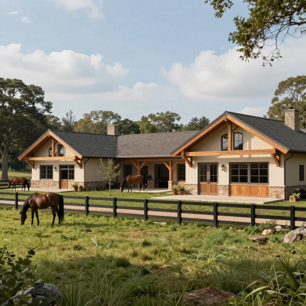A horse is standing in front of a barn with a fence around it.
