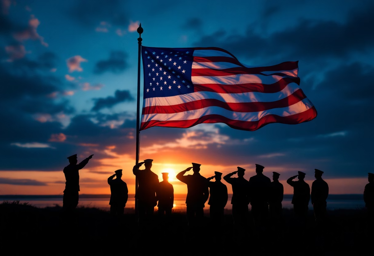 Silhouetted people saluting a U.S. flag at sunset on a beach