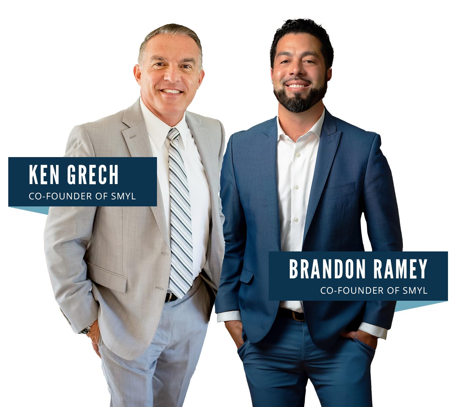Two men in suits standing against a white background, labeled Ken Grech and Brandon Ramey.