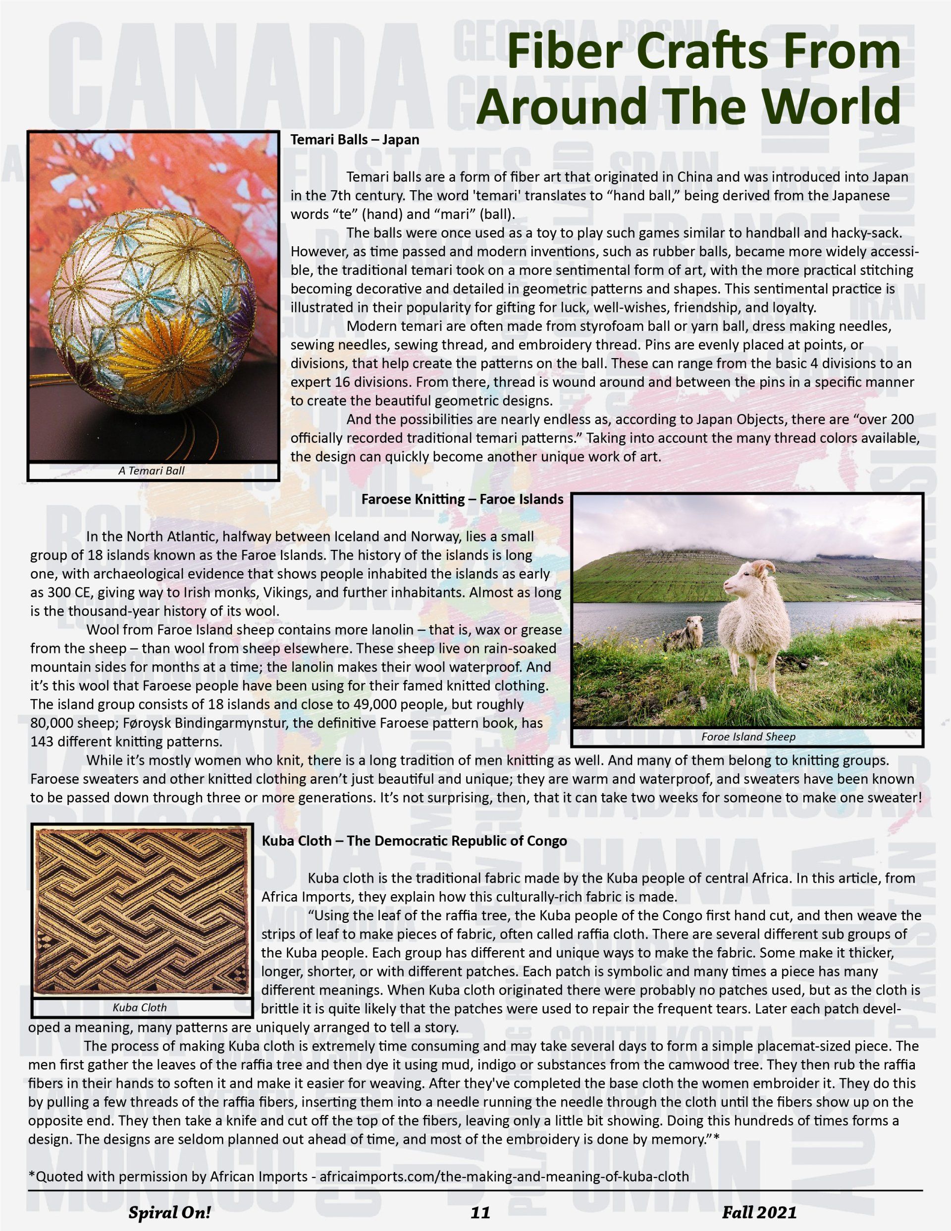 A magazine article about fiber crafts from around the world,  Fall 2021 Magazine.