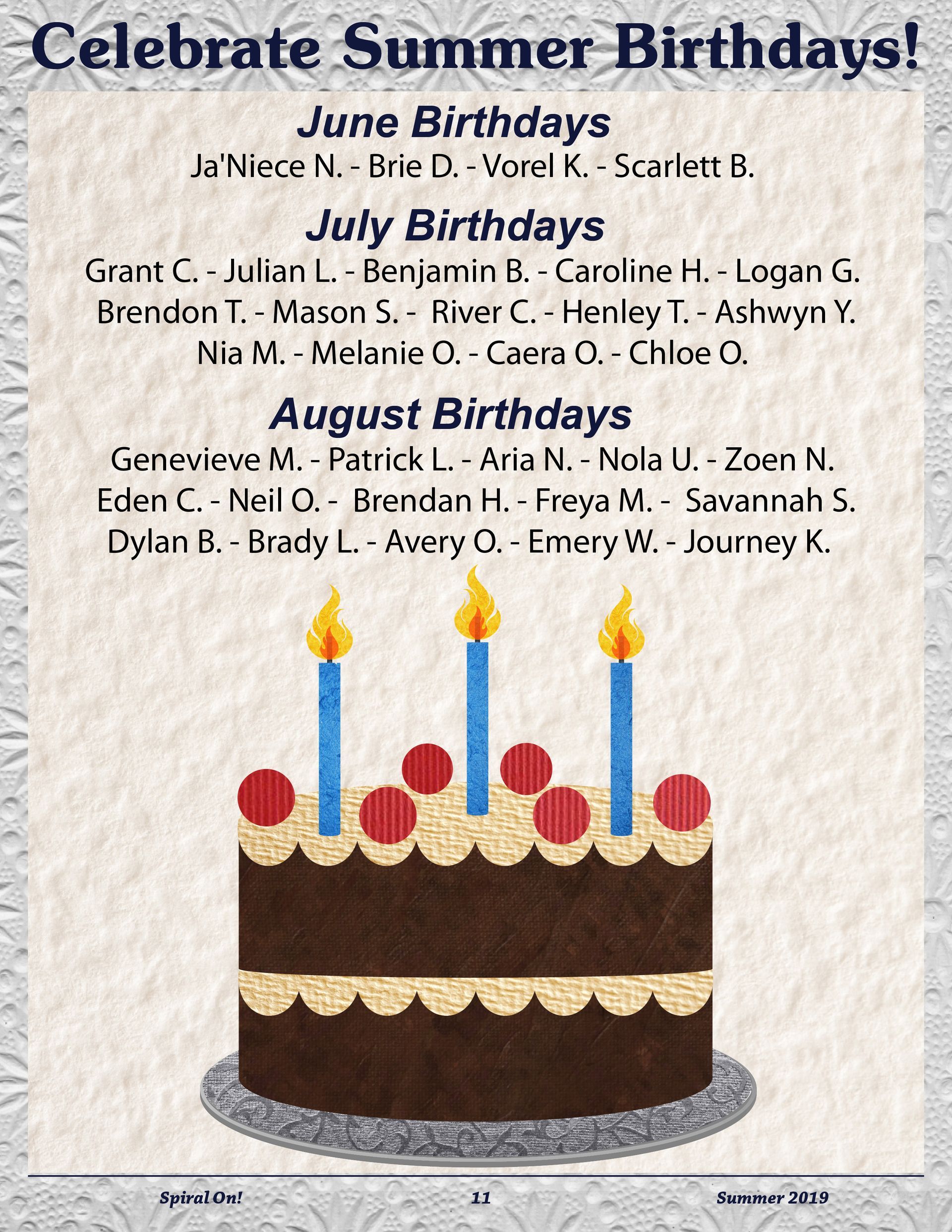 A picture of a birthday cake with candles on it, Summer 2019 magazine.