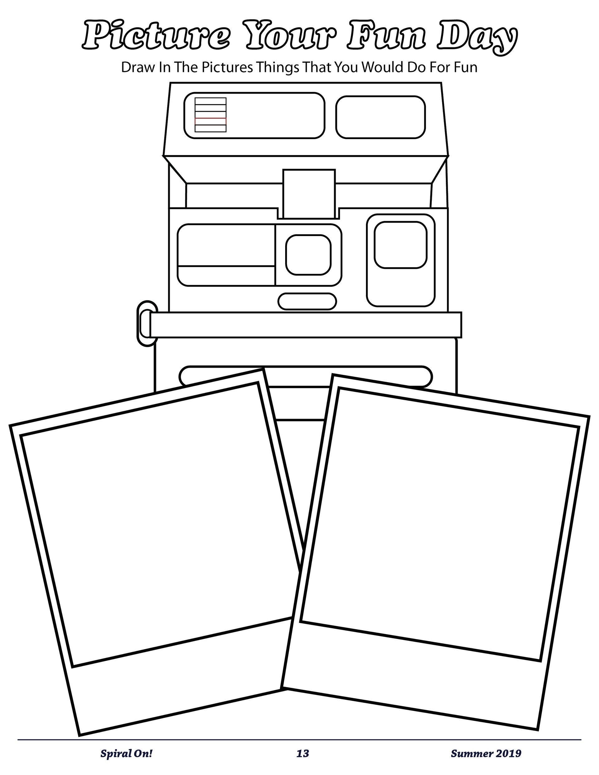 A picture your fun day coloring page with a polaroid camera and two pictures, Summer 2019 magazine.