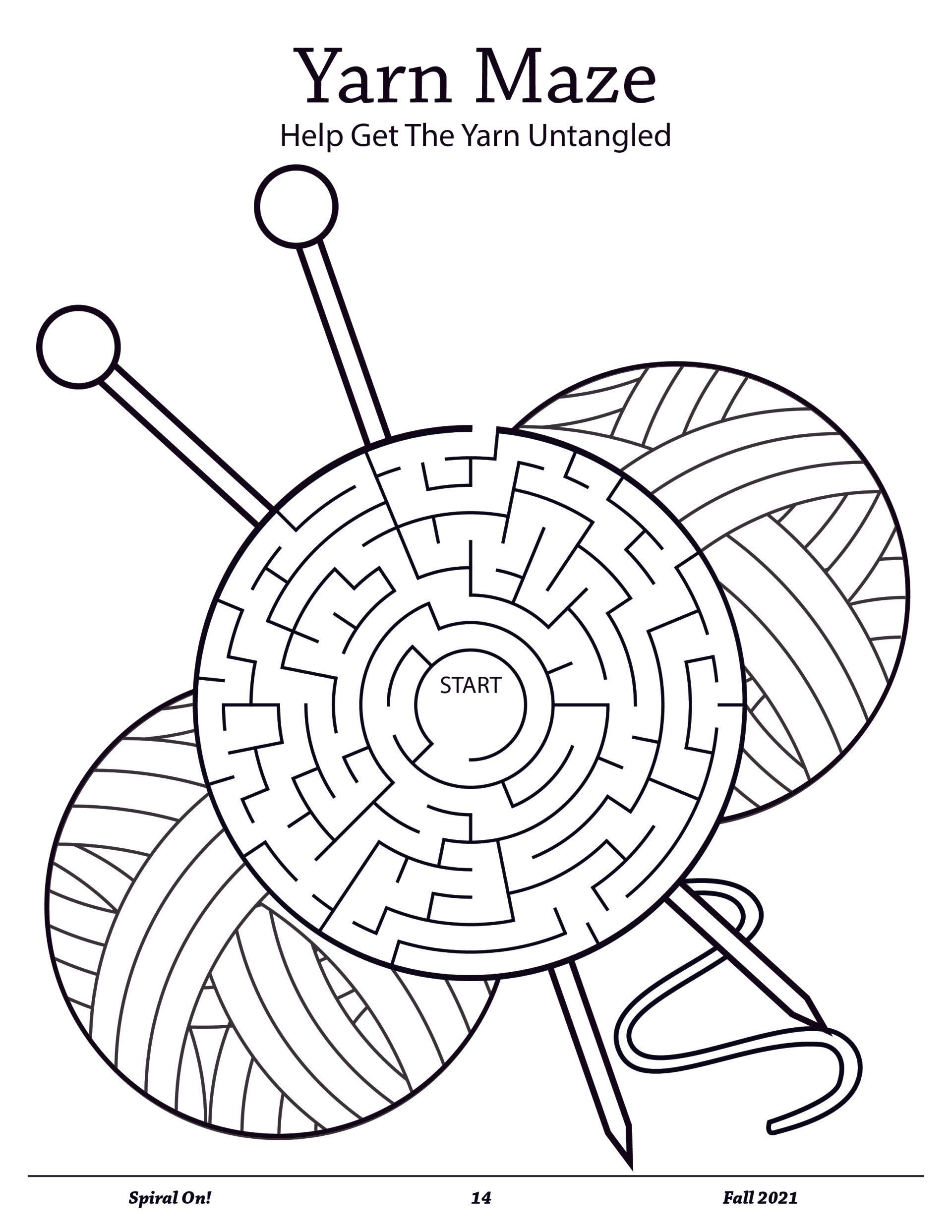 A black and white yarn maze with two balls of yarn and knitting needles,  Fall 2021 Magazine.