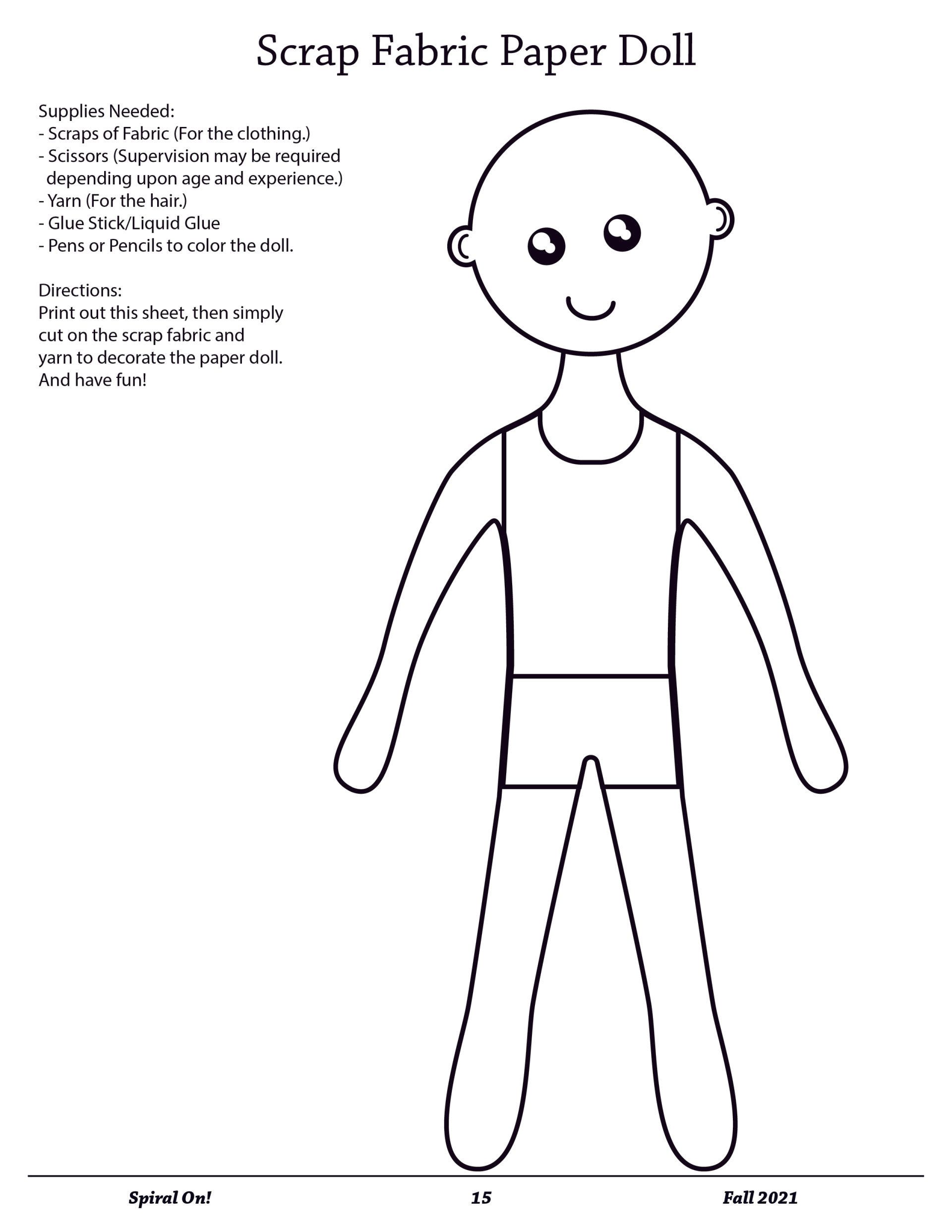 A black and white drawing of a scrap fabric paper doll,  Fall 2021 Magazine.