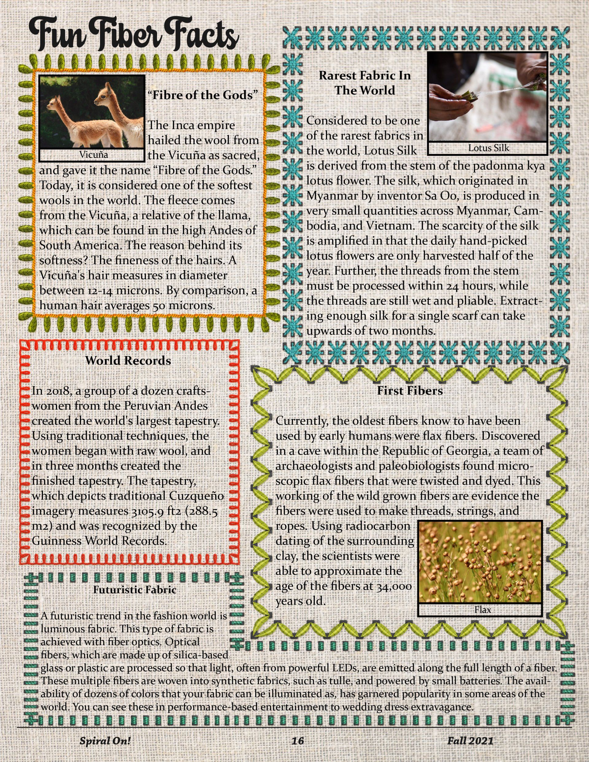 A page of paper with a picture of a giraffe and the words `` fun fiber facts '' on it,  Fall 2021 Magazine.