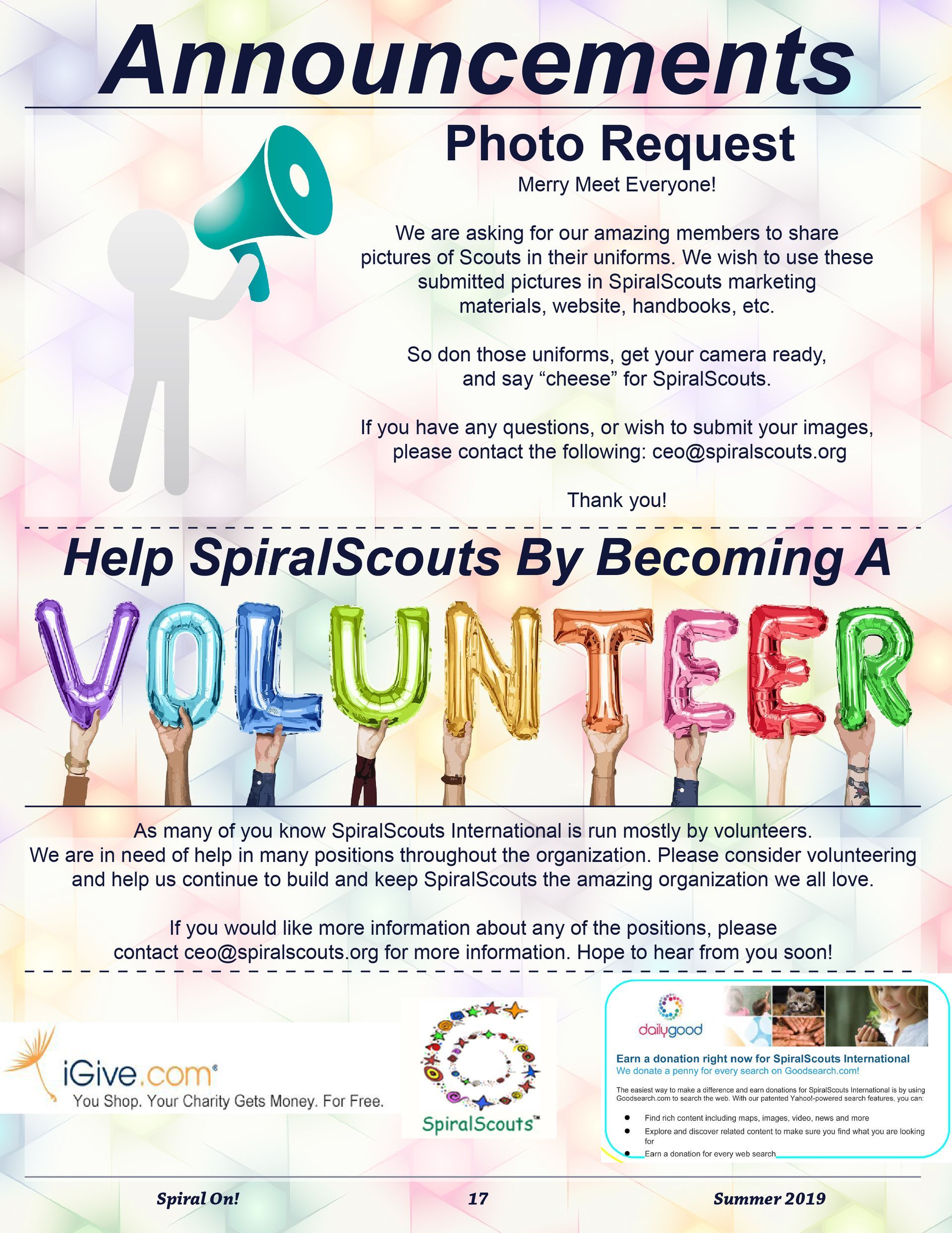 A poster that says `` announcements photo request help spiral scouts by becoming a volunteer, Summer 2019 magazine.