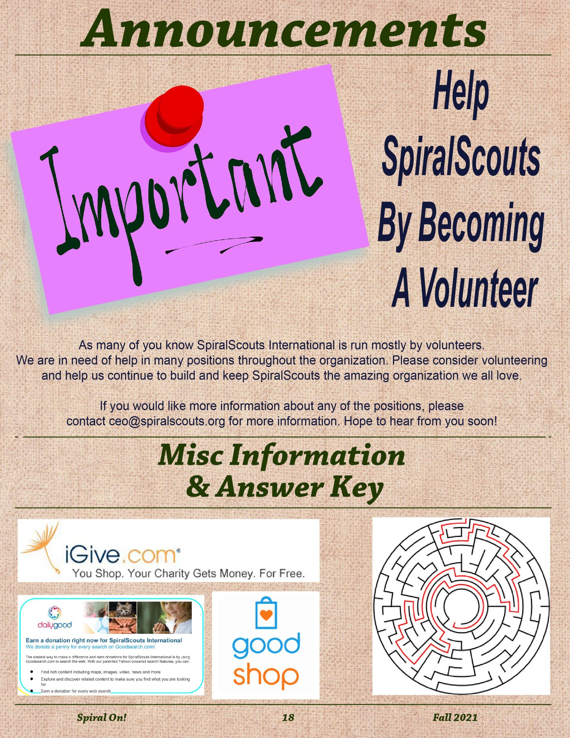A poster that says announcements help spiral scouts by becoming a volunteer,  Fall 2021 Magazine.