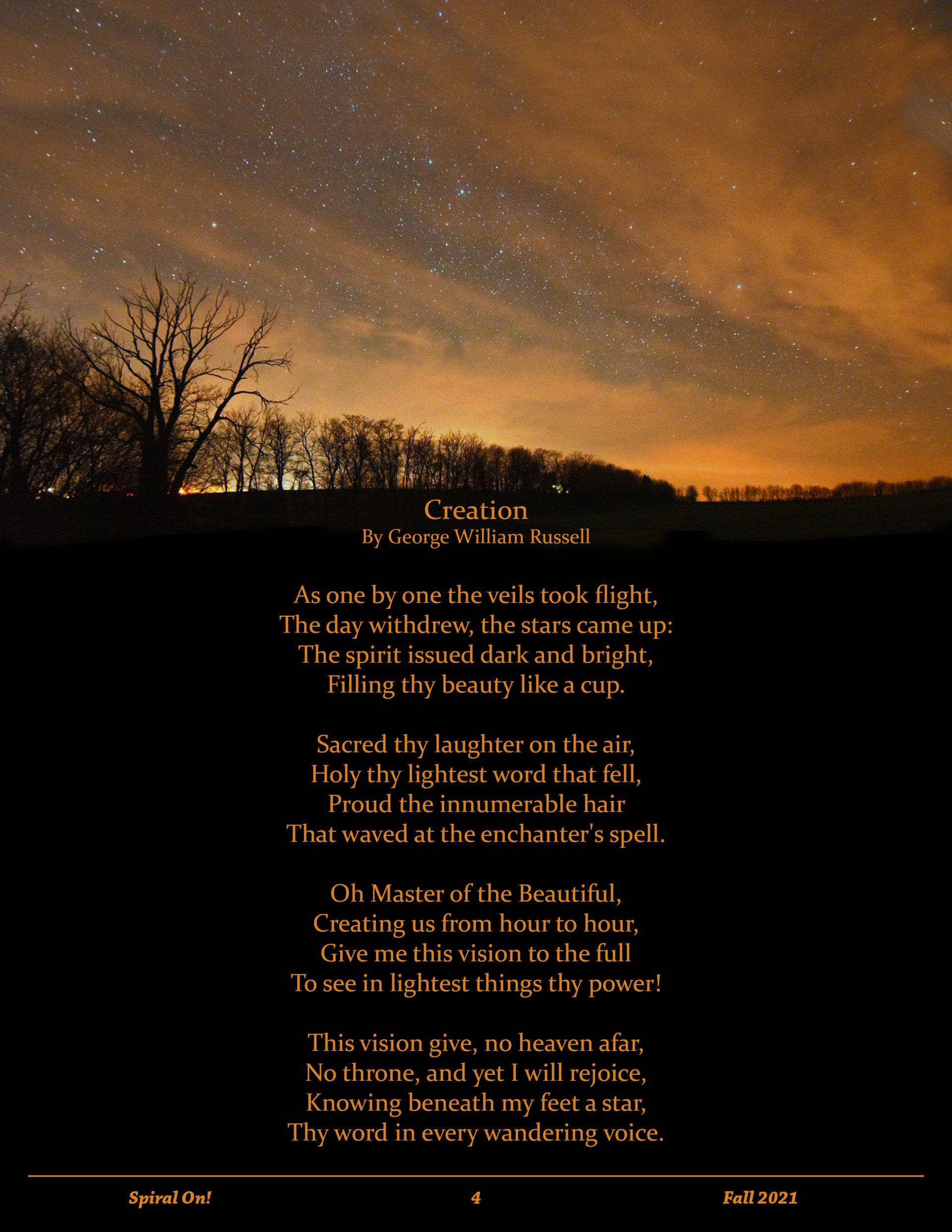 A picture of a night sky with a poem on the bottom, Fall 2021 Magazine.