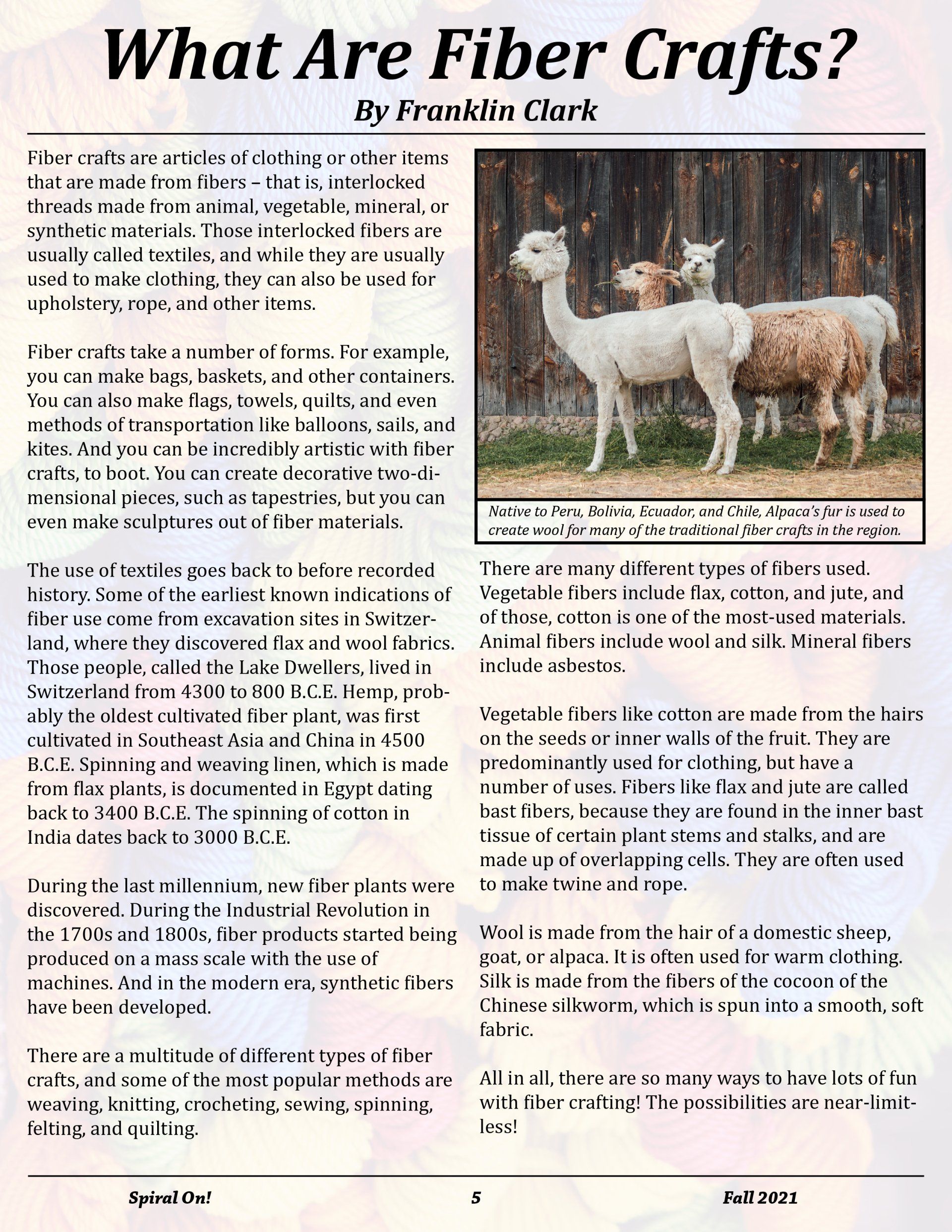 A newspaper article about fiber crafts with a picture of a herd of sheep,  Fall 2021 Magazine.