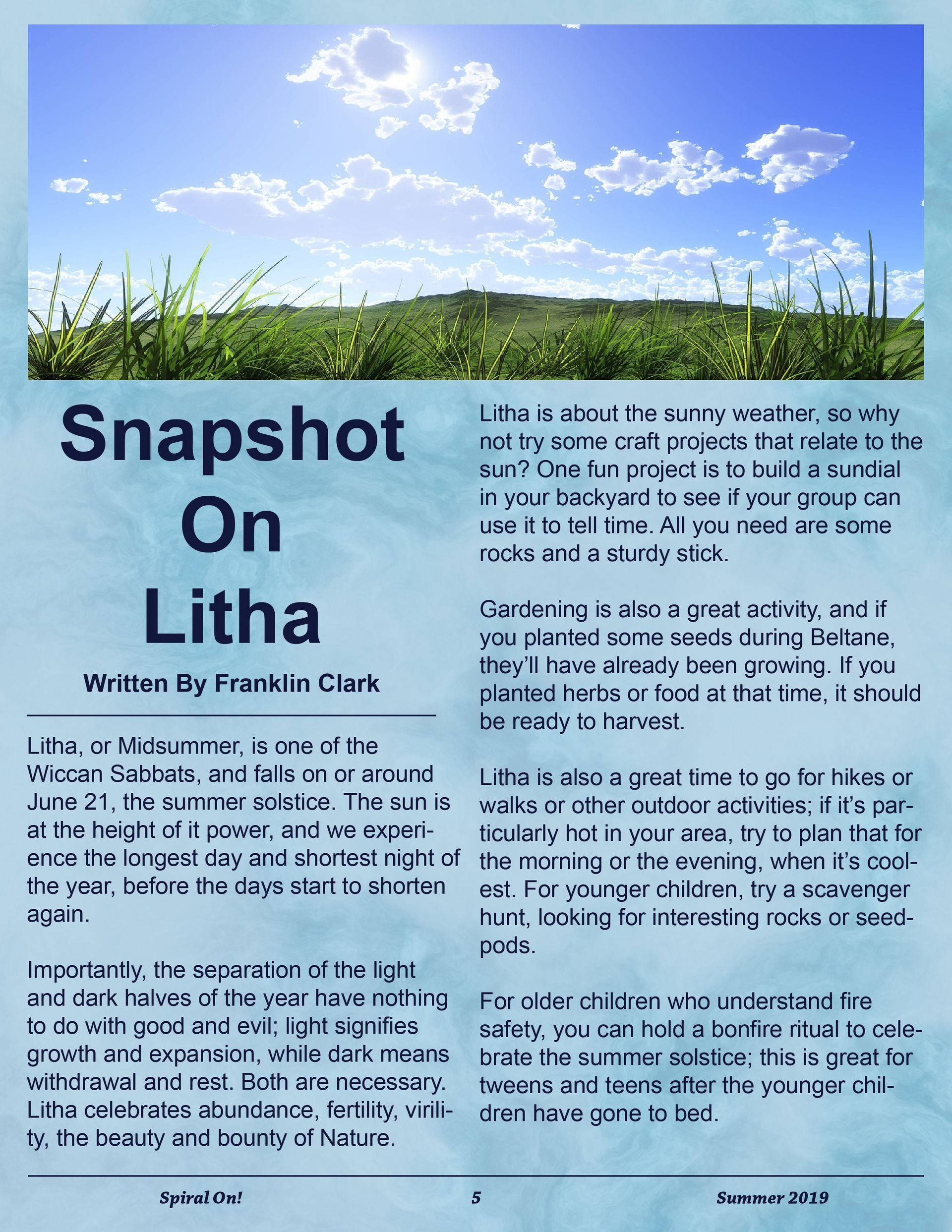 A newspaper article about a snapshot on litha, Summer 2019 magazine.