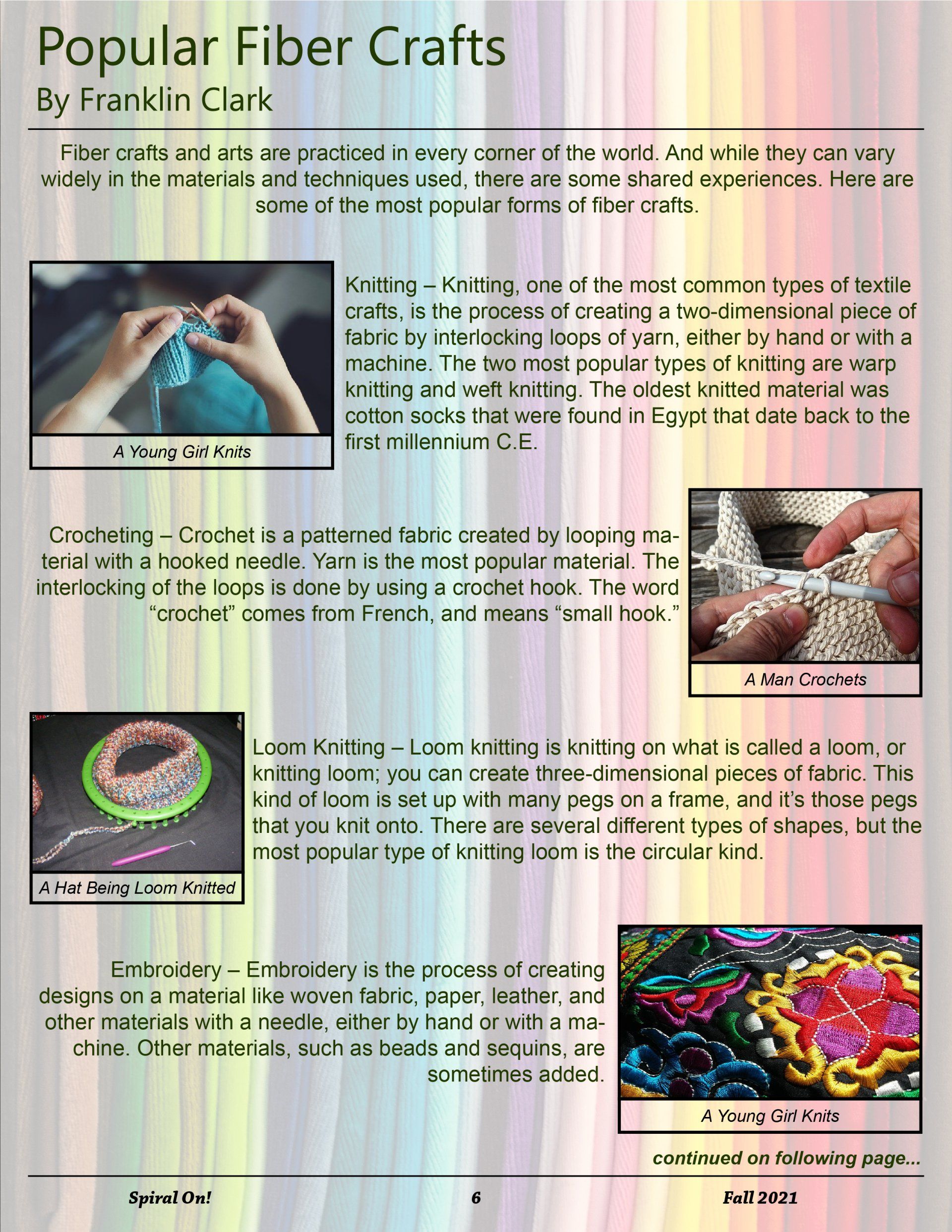 A page that says popular fiber crafts on it,  Fall 2021 Magazine.