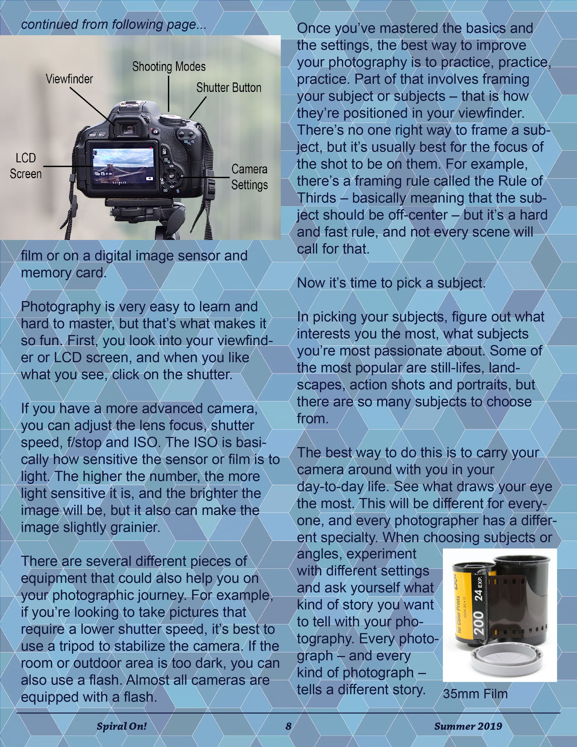 A picture of a camera and a picture of a roll of film, Summer 2019 magazine.