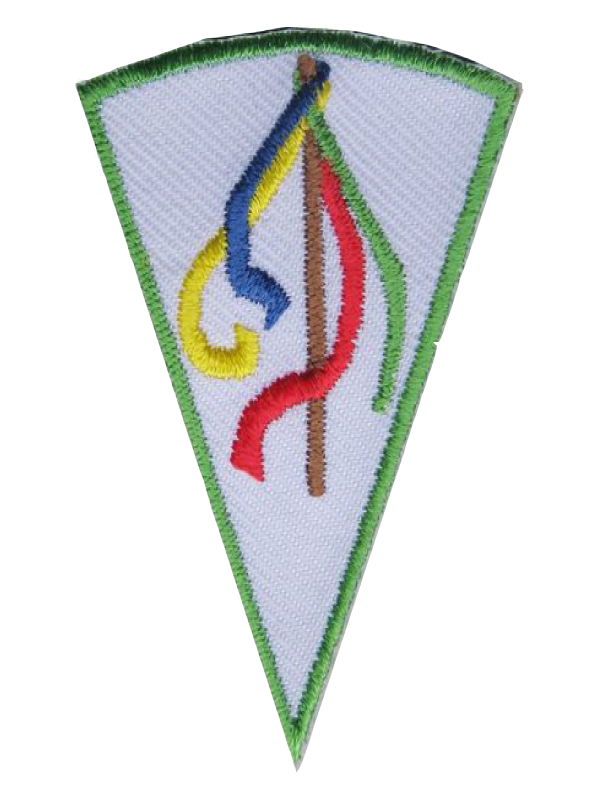 A green and white triangle with ribbons and a stick on it award.