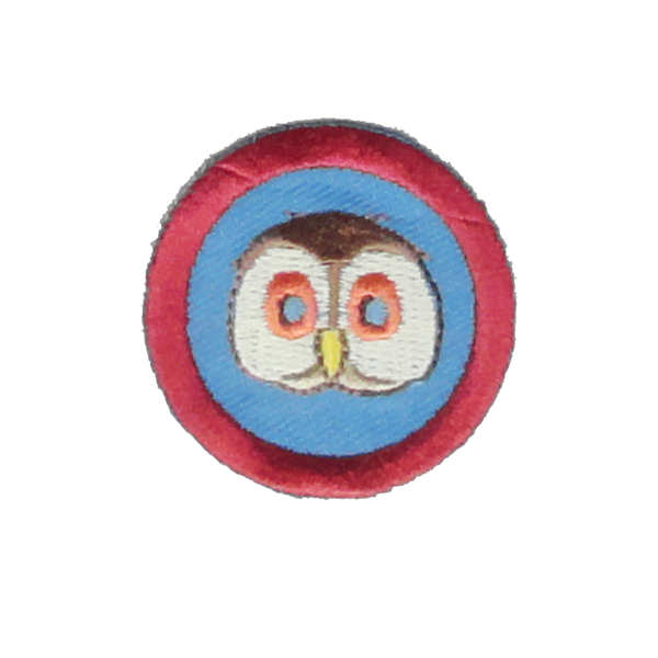 A red and blue circle with an owl on itbadge.