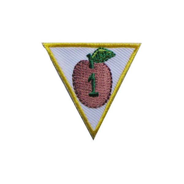 A triangle with an apple and the number 1 on it badge.
