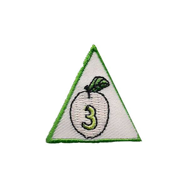 A triangle with an apple and the number 3 on it badge.