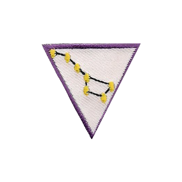 A purple and white triangle with a constellation on it badge.