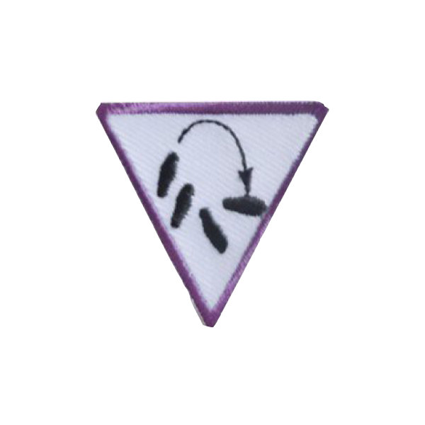 A purple and white triangle with footprints on it badge.