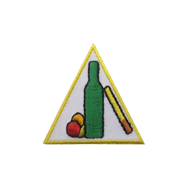 A triangle with a bottle an apple and a stick on it badge.