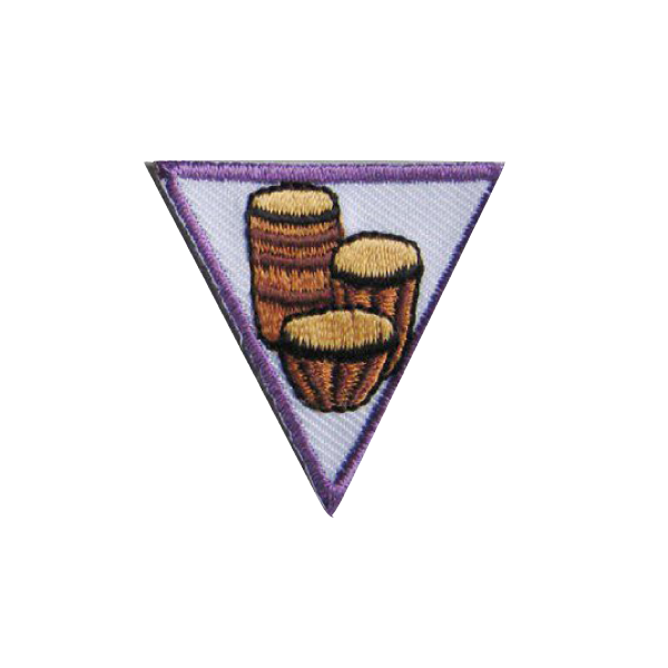 A purple triangle with three drums on it badge.