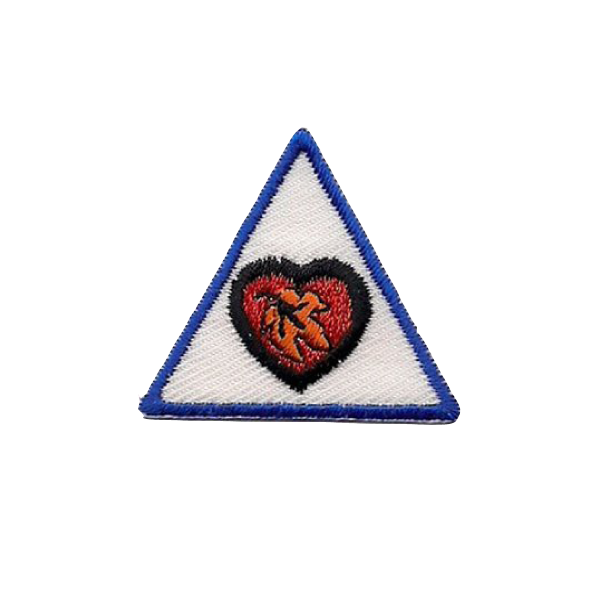 A blue and white triangle with a heart in the middle badge.
